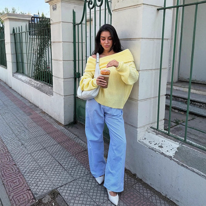 Women Off-Shoulder Ribbed Knit Sweater with Wide Folded Collar Amarae