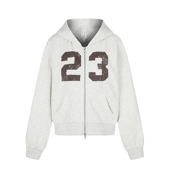 Women's Hooded Sweat Jacket in Retro Sports Style with Used Front Print and Kangaroo Pockets Amarae