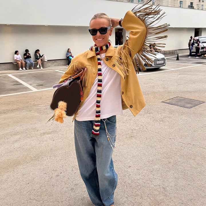 Women’s Oversize Fringe Jacket in Western Style made of Suede-Look with Shirt Collar Amarae