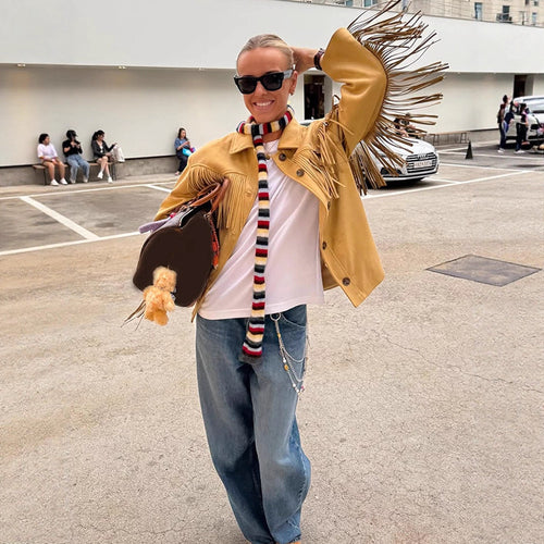 Women’s Oversize Fringe Jacket in Western Style made of Suede-Look with Shirt Collar Amarae