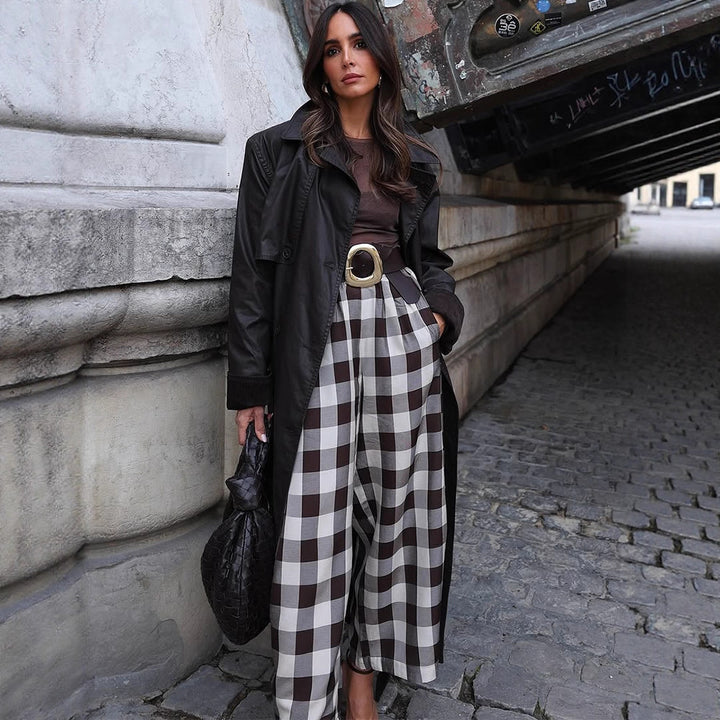Women's Checked High-Waisted Palazzo Pants with Wide Leg & Pleats Amarae