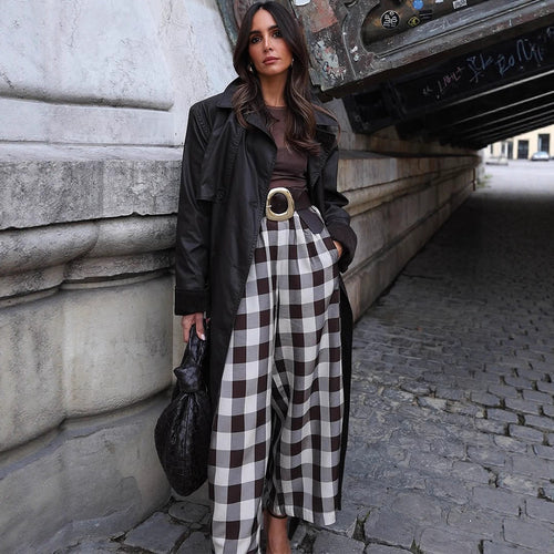 Women's Checked High-Waisted Palazzo Pants with Wide Leg & Pleats Amarae