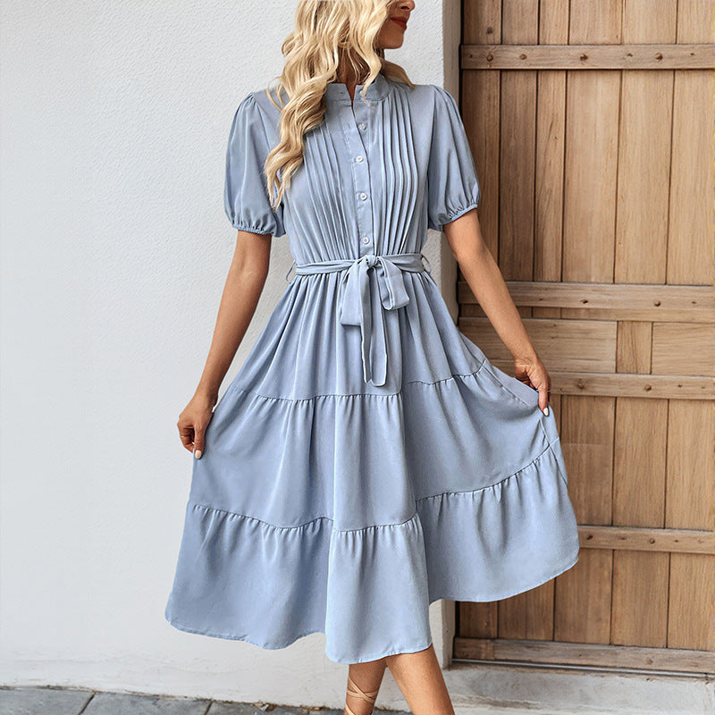Women Pleated Midi Dress with Chic Waist Belt and Style