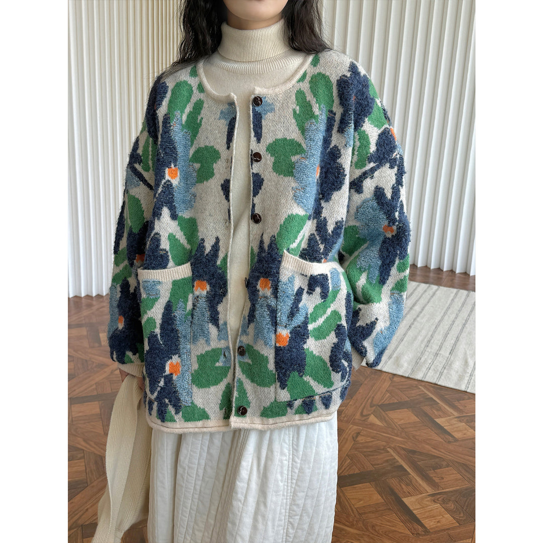 Women Patterned Chunky Knit Cardigan with Crew Neck and Patch Pockets Amarae