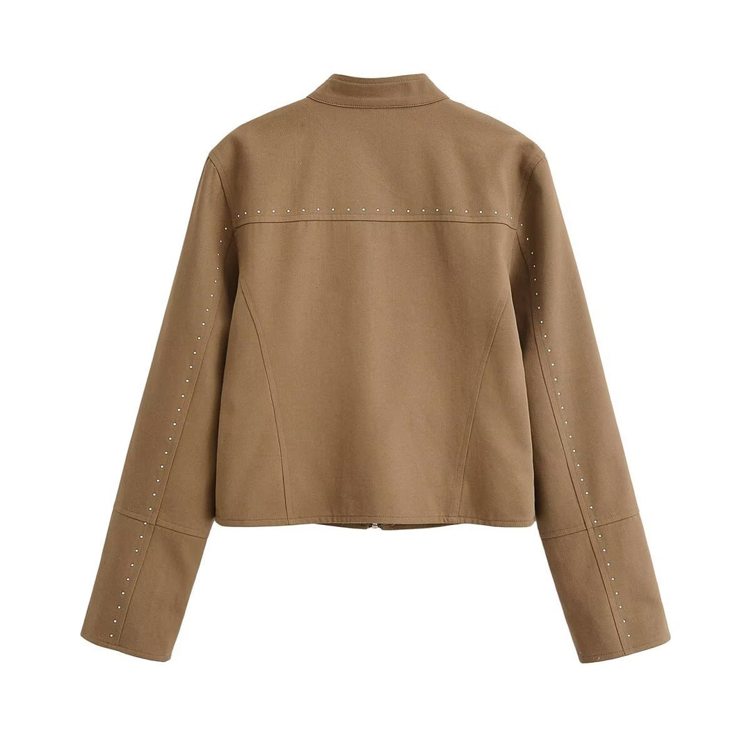 Women Short Velvet Look Jacket with Stand-Up Collar, Decorative Seams, Stud Application and Zip Pockets Amarae