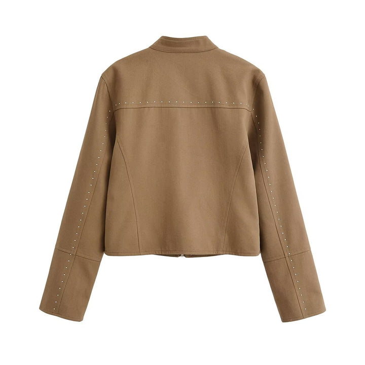 Women Short Velvet Look Jacket with Stand-Up Collar, Decorative Seams, Stud Application and Zip Pockets Amarae
