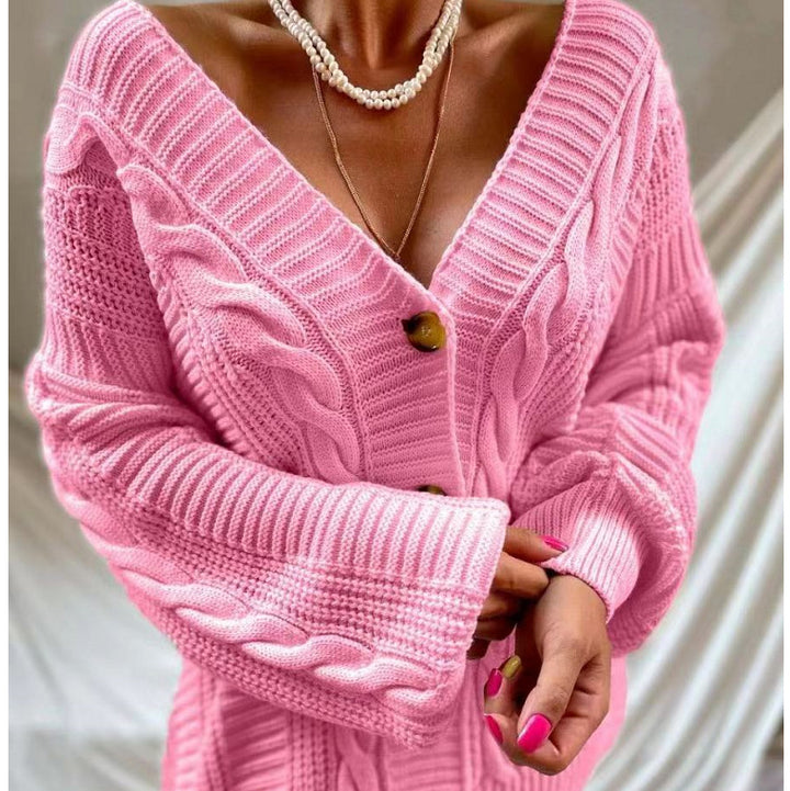 Women's chunky knit cardigan with voluminous sleeves and a decorative button placket Lune London