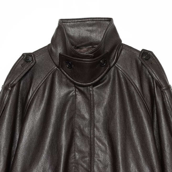Women's short-cut leather look blouson jacket with high funnel collar, shoulder tabs and integrated patch pockets Amarae