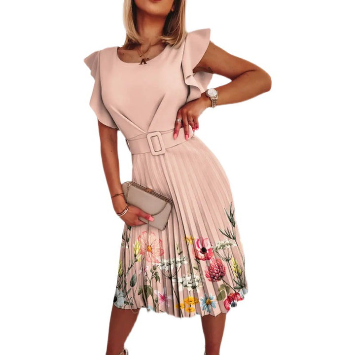 Midi dress for women with pleats and floral accents as well as a fitted belt Lune London
