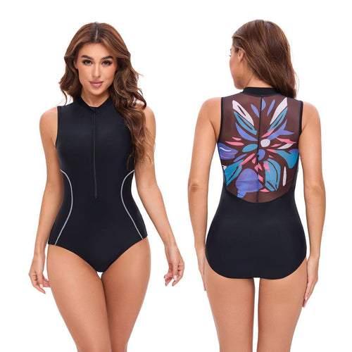 Women's soft fabric swimsuit with high collar and full zipper Amarae