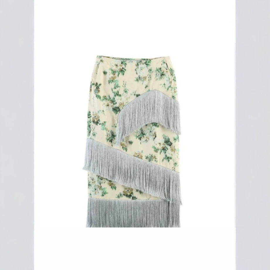 Ladies Floral Printed Midi Skirt with Diagonal Fringe Trim and Slim Silhouette Amarae