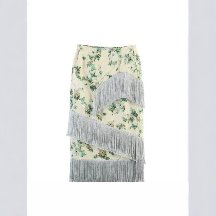 Ladies Floral Printed Midi Skirt with Diagonal Fringe Trim and Slim Silhouette Amarae