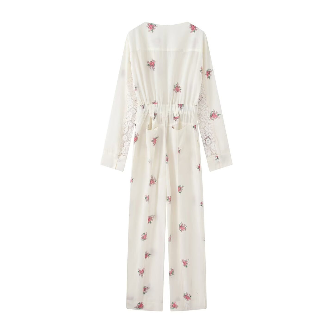 Women Long Jumpsuit with Floral Print, V-Neck, Zipper and Drawstring Amarae