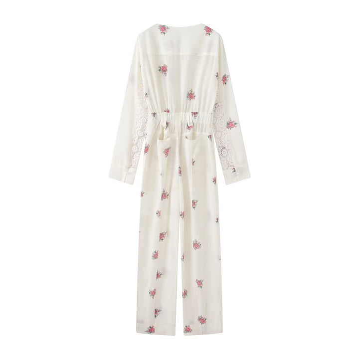 Women Long Jumpsuit with Floral Print, V-Neck, Zipper and Drawstring Amarae