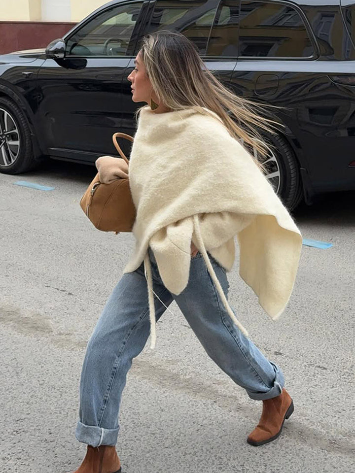 Women's Oversized Wool Mix Poncho with Asymmetrical Fall and Ties Amarae