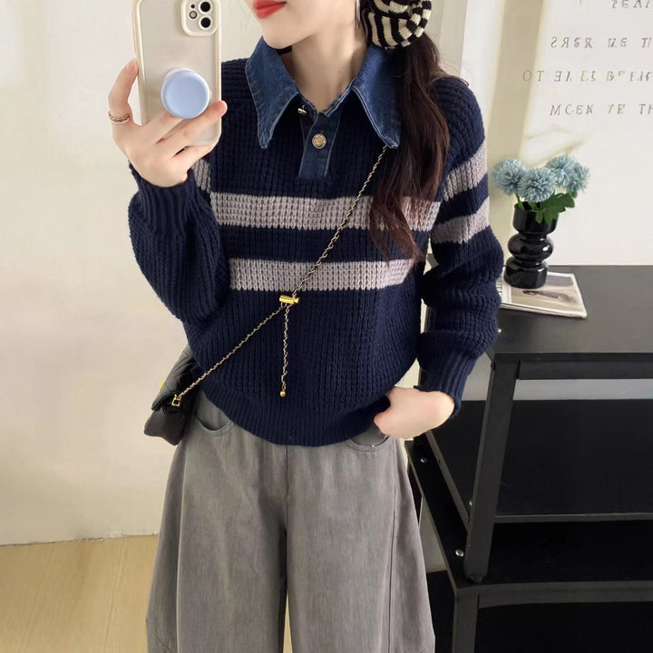 Pull en tricot décontracté pour femmes avec col et design rayé Chic & Stil