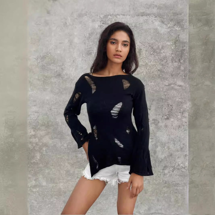 Pull en tricot pour femmes avec un look décontracté et déchiré et une coupe large Lune London