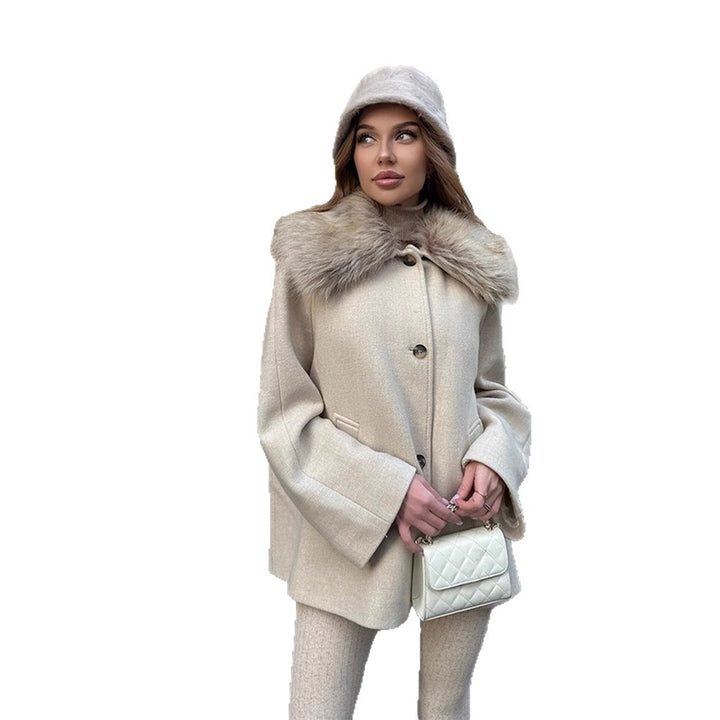 Women's short coat with faux fur shawl collar & boxy oversized silhouette Amarae