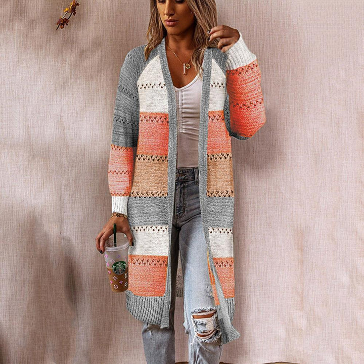 Retro patchwork style women's knit jacket with long sleeves and a front opening Lune London