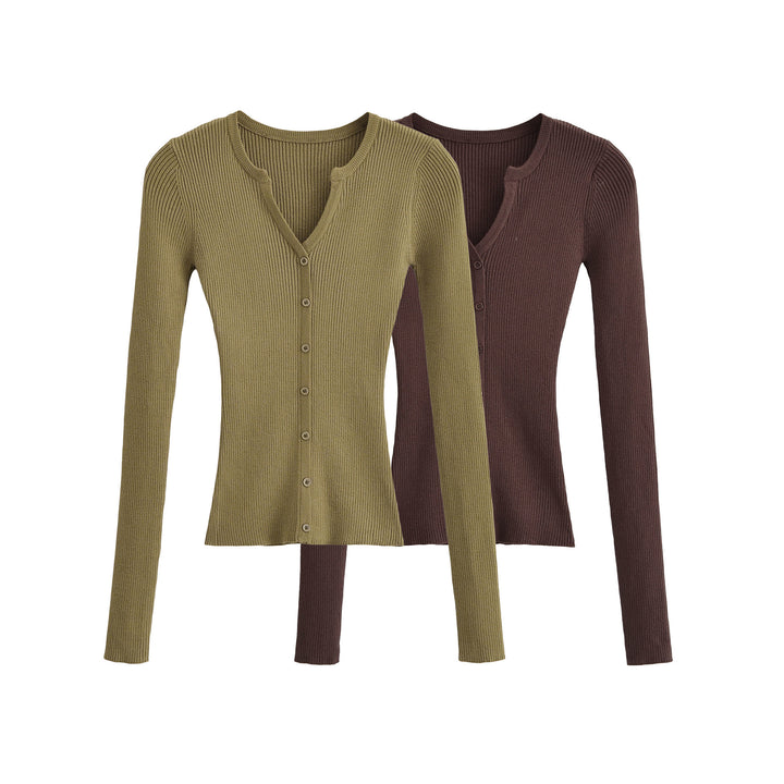 Women's Ribbed Fine Knit Cardigan with Deep V-Neck and Button Placket Amarae