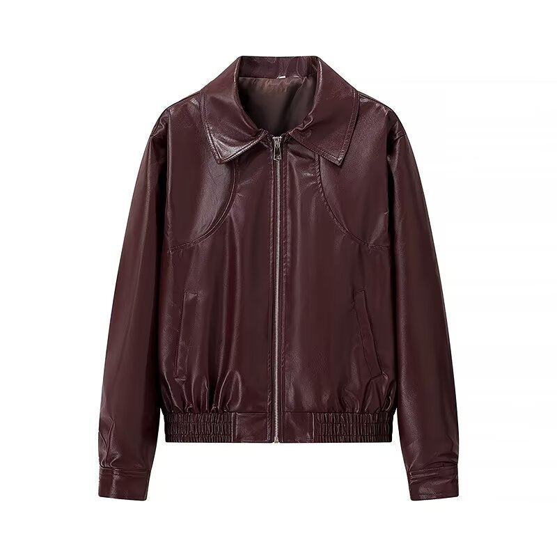 Women Short Tailored Leather Look Boxy Jacket with Zipper and Shirt Collar Amarae