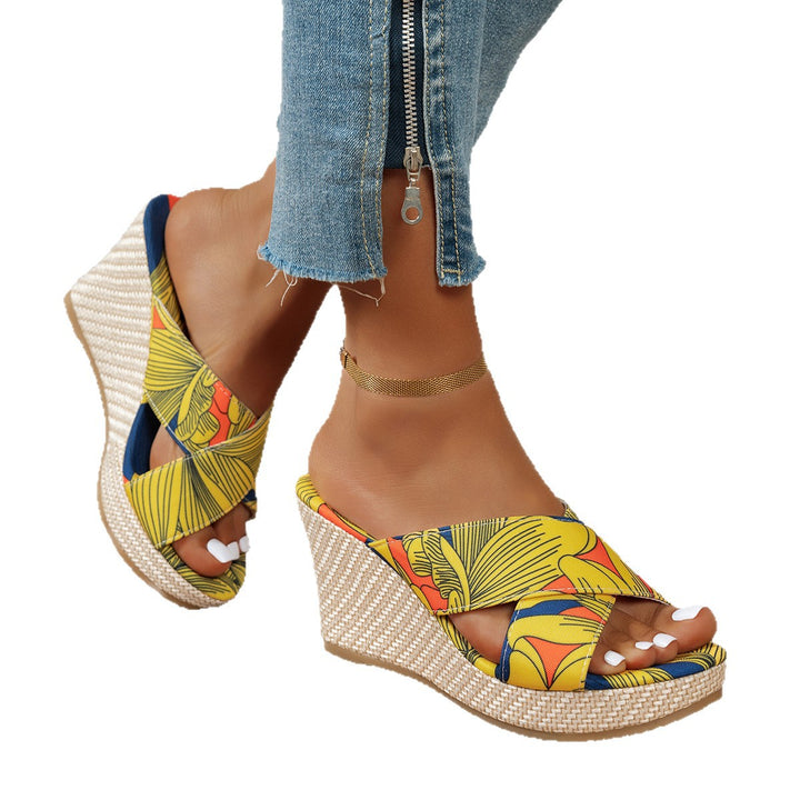 Wedge heeled sandals for women with a floral design and a non-slip sole Lune London