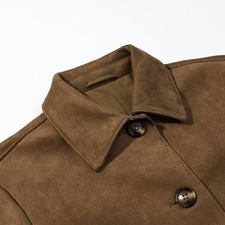 Women's short jacket made of suede leather with shirt collar and piped pockets Amarae
