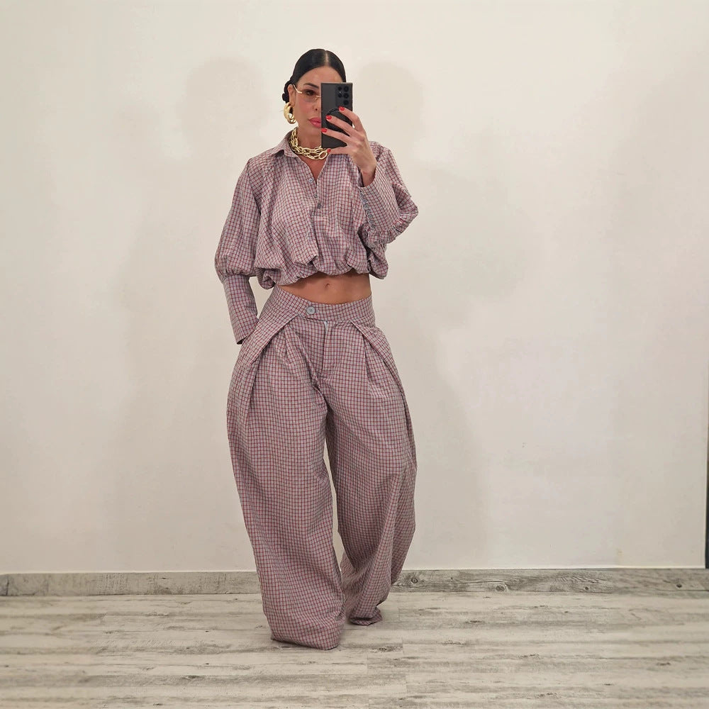 Women's Two-Piece Checked Set with Cropped Oversized Shirt and Wide Pleated Trousers Amarae
