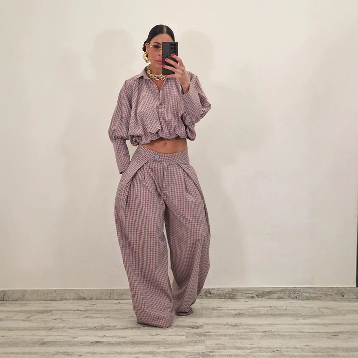 Women's Two-Piece Checked Set with Cropped Oversized Shirt and Wide Pleated Trousers Amarae