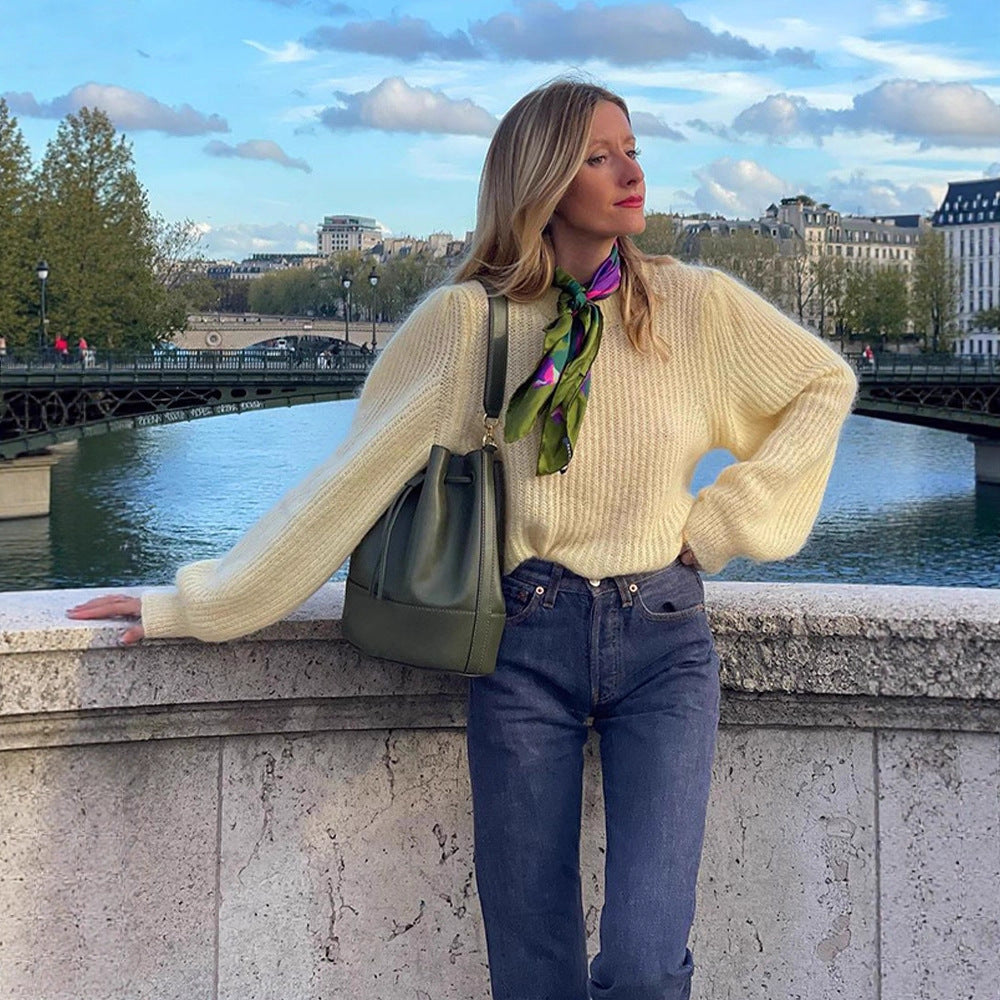 Women's Oversize Mohair Blend Sweater with Balloon Sleeves and Fine Rib Structure Amarae