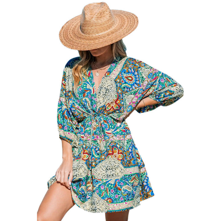 Women’s beach dress with a draped look and a trendy pattern Lune London