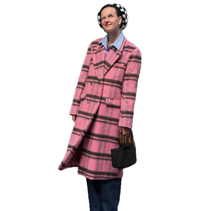 Women Mid-length checkered wool blend coat with double-breasted button placket and shawl collar Amarae