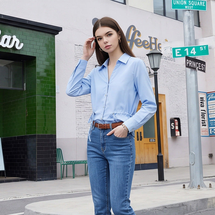 Women Lightweight Blouse with Drawstring Waist and Classic Shirt Collar Amarae