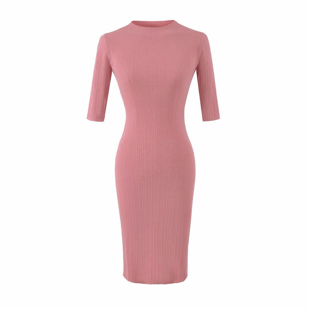 Women's fitted ribbed midi dress with half sleeves and stand-up collar Amarae