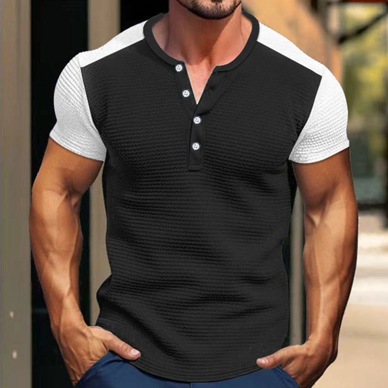 Men's Short Sleeve Henley Shirt with a textured design and contrasting sleeve parts Lune London
