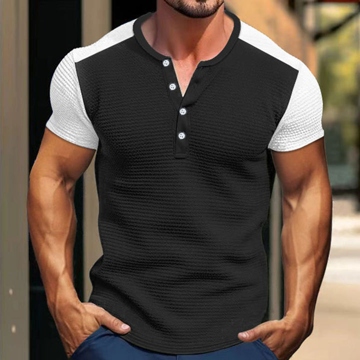 Men's Short Sleeve Henley Shirt with a textured design and contrasting sleeve parts Lune London