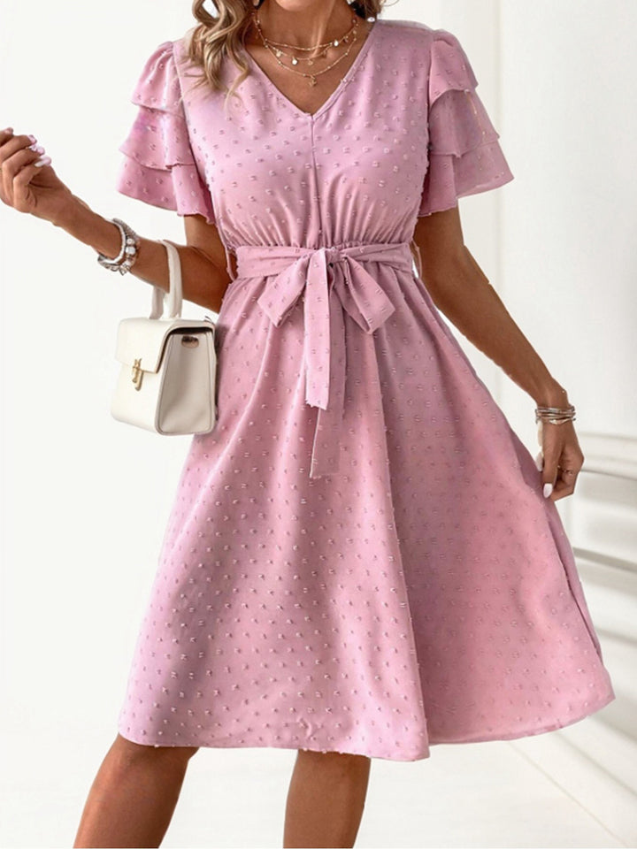 Elegant Woman Dress with Ruffled Sleeves V Neck Lune London