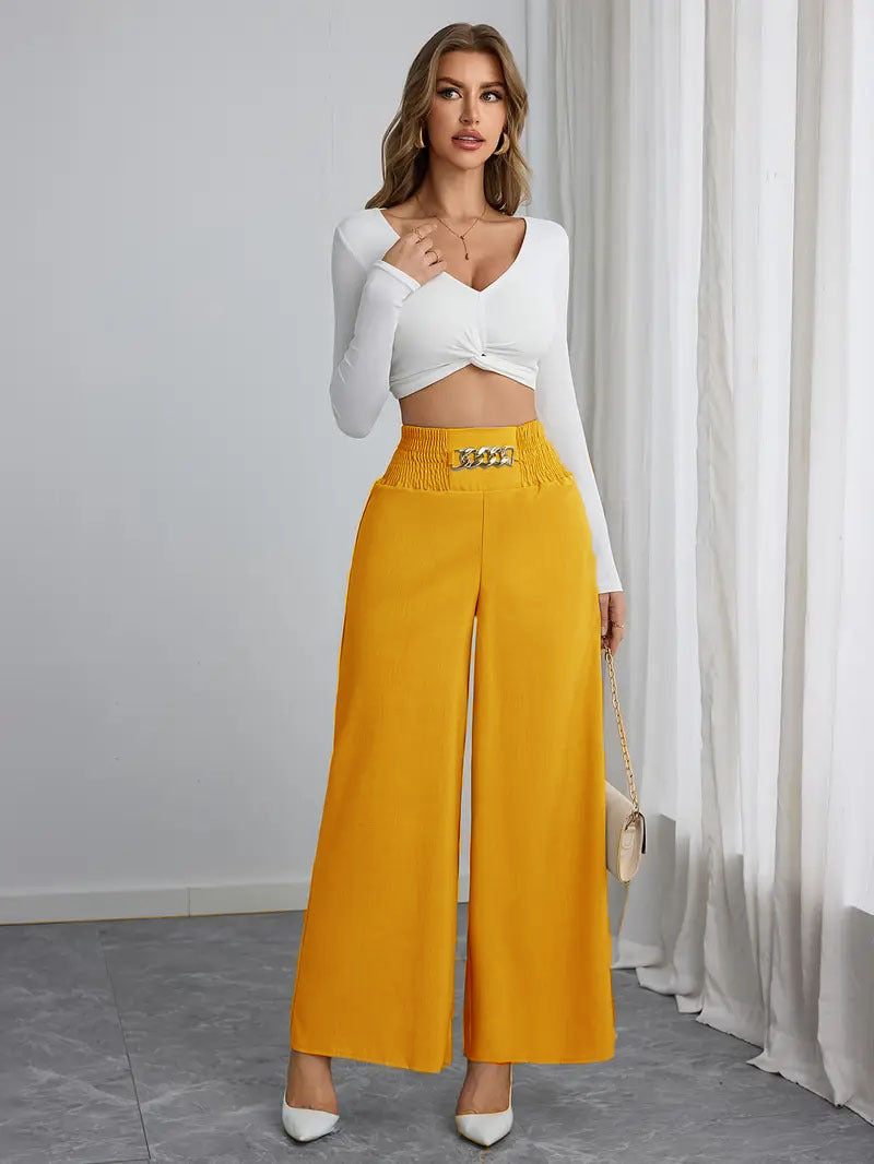 High-waisted wide-leg pants for women with decorative elastic and a trendy belt Lune London