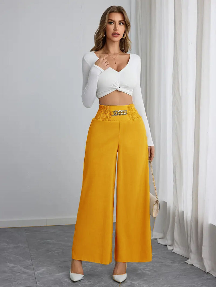 High-waisted wide-leg pants for women with decorative elastic and a trendy belt Lune London