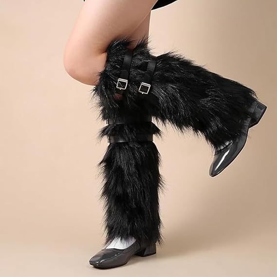 Women's Long Faux Fur Leg Warmers with Adjustable Buckles and Platform Cuffs Amarae