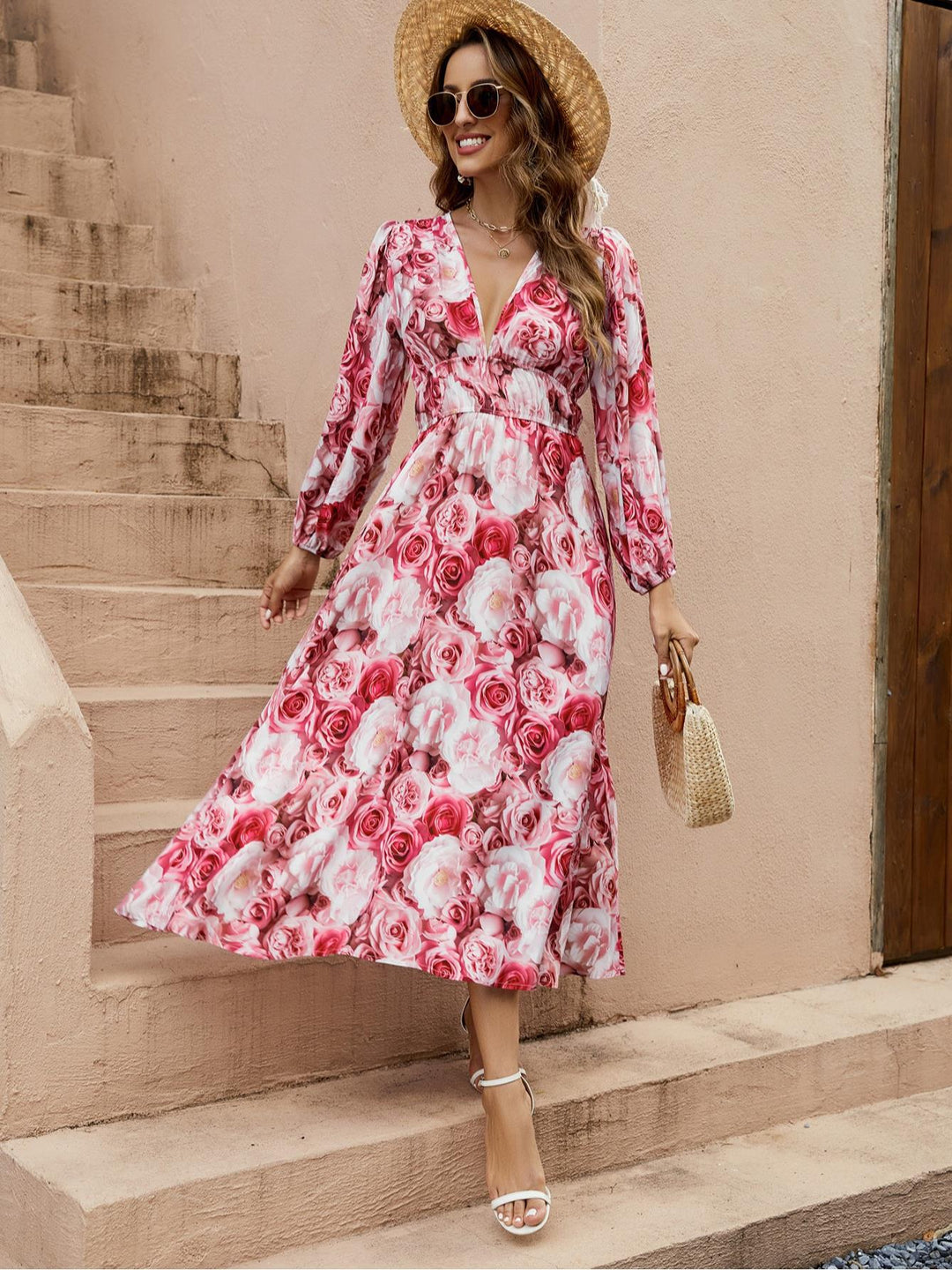 Ladies Long Summer Dress with Flowy Cut and Floral Rose Pattern Lune London