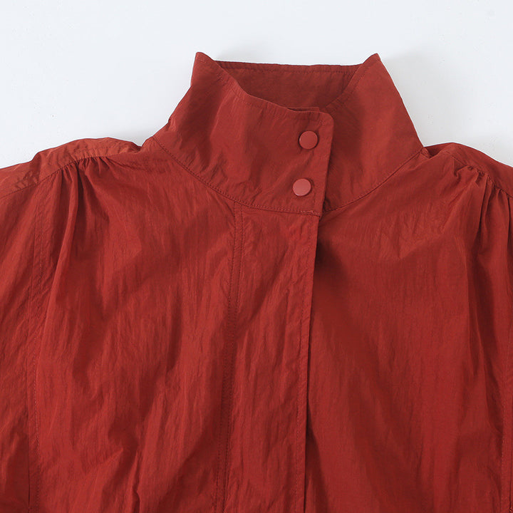 Women's Lightweight Cropped Bomber Jacket with Stand Collar, Elastic Hem and Snap Button Placket Amarae