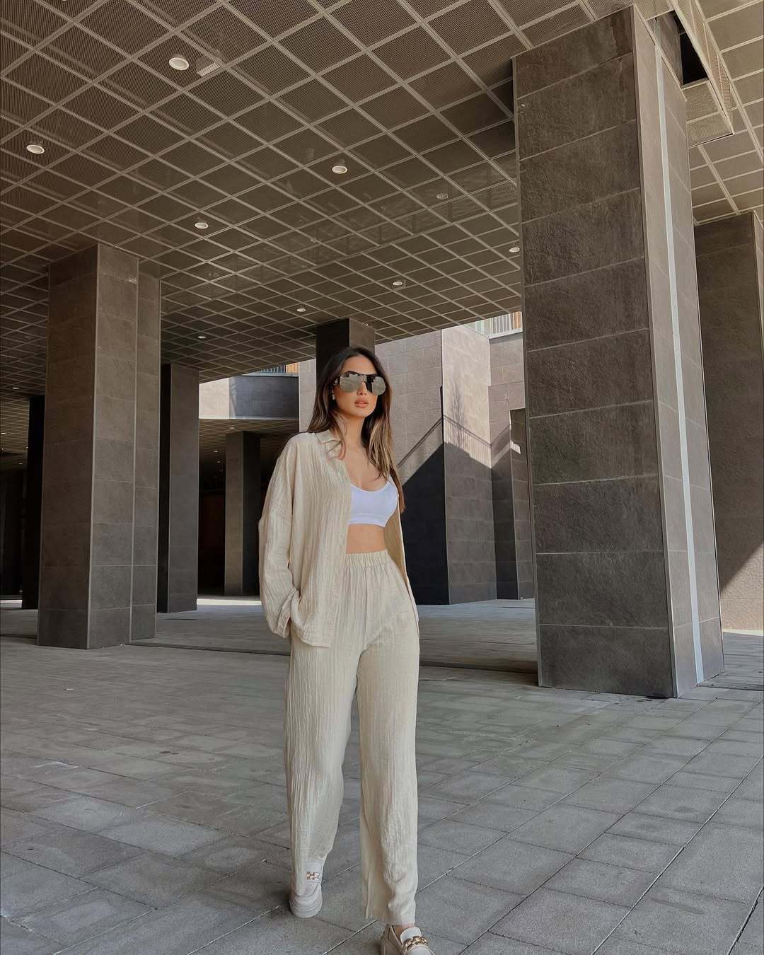 Lune London two-piece casual outfit for women with continuous button placket and wide legs