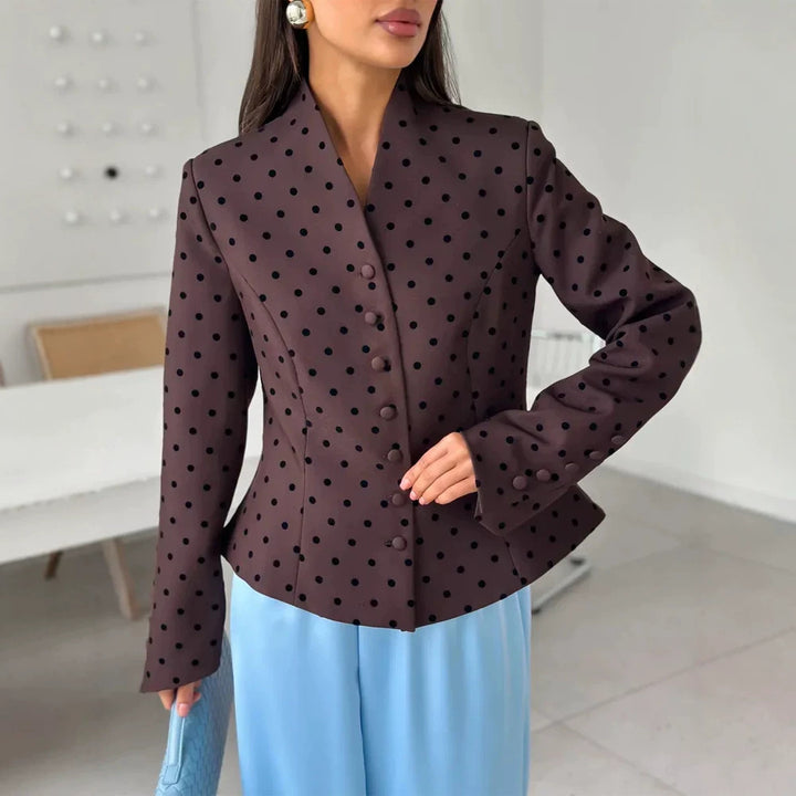 Women's Tailored Stand Collar Blazer with Polka Dot Pattern and Concealed Button Placket Amarae