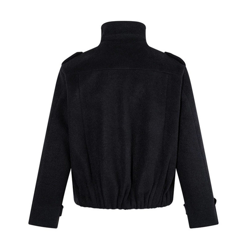 Women Short Double-Breasted Military Cab Jacket with Stand Collar and Epaulettes Amarae