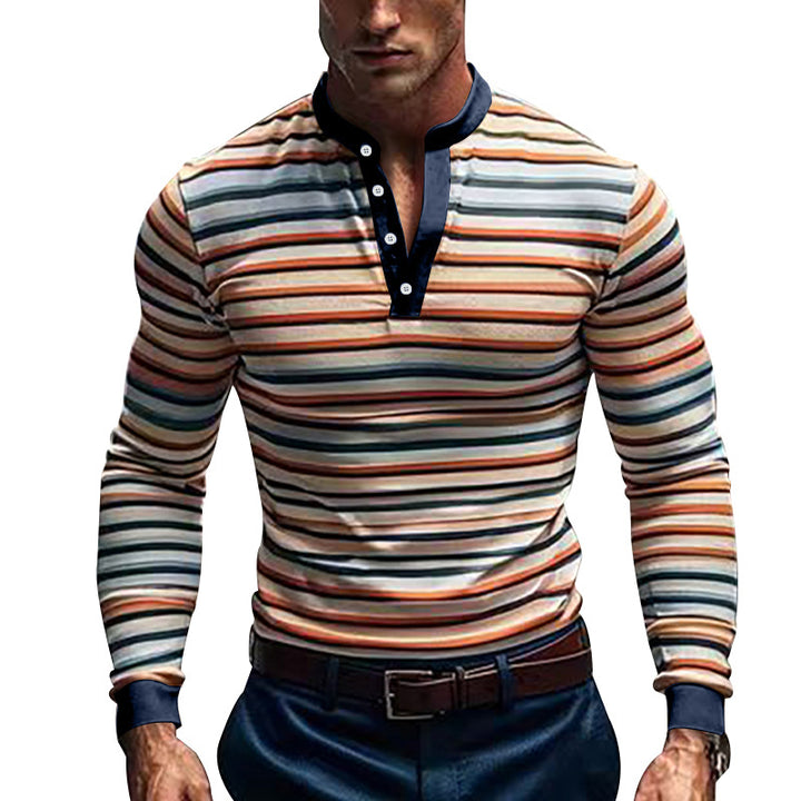 Men's Long Sleeve Henley T-shirt with Fine Striped Pattern and Modern Collar Lune London