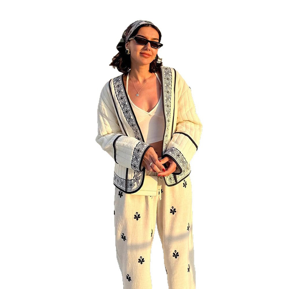 Women Quilted Kimono Cardigan with Geometric Embroidery Amarae