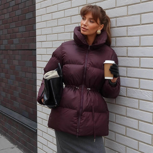 Women Padded Fitted Quilted Jacket with Drawstring & High Standing Collar Amarae