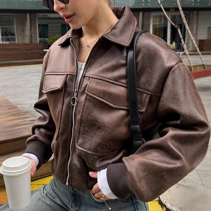 Women Cropped Suede Look Bomber Jacket with Flap Pockets and Ribbed Hem Amarae