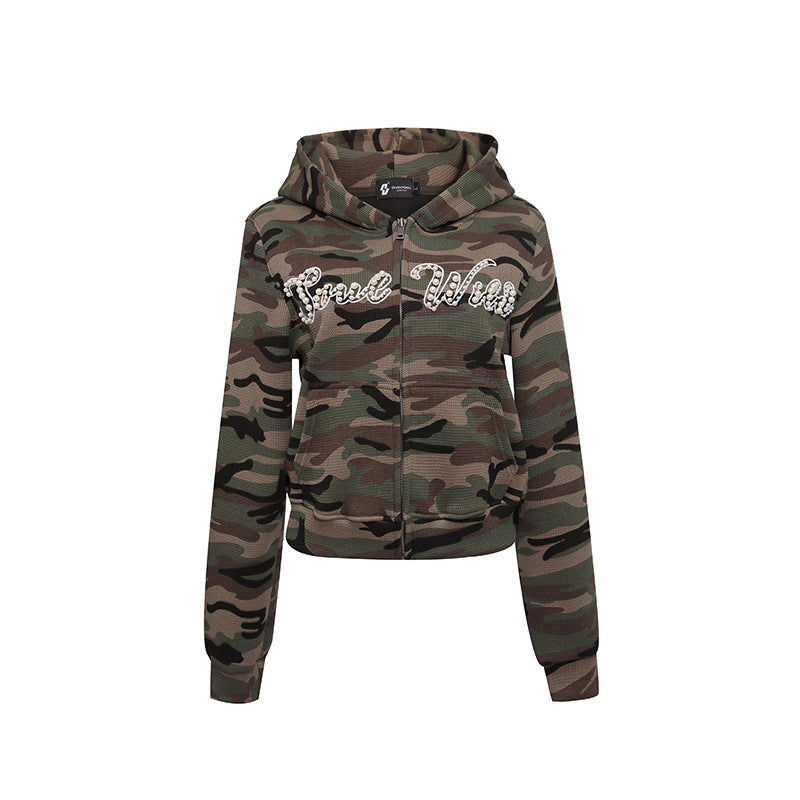 Women's Cropped Hoodie in Camouflage Structure Knit with Beaded Writing Amarae
